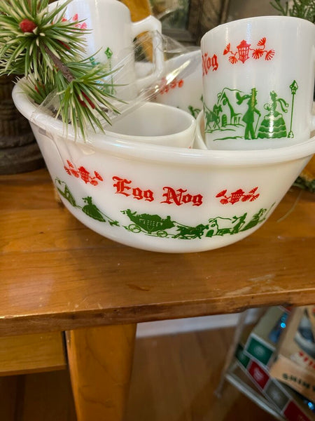 Vintage Hazel Atlas Milk Glass Tom & Jerry punch bowl and 6 cups as is