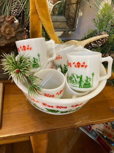 Vintage Hazel Atlas Milk Glass Tom & Jerry punch bowl and 6 cups as is