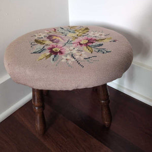Lovely Vintage Embroidered Wooden Stool. 12x10x11 H