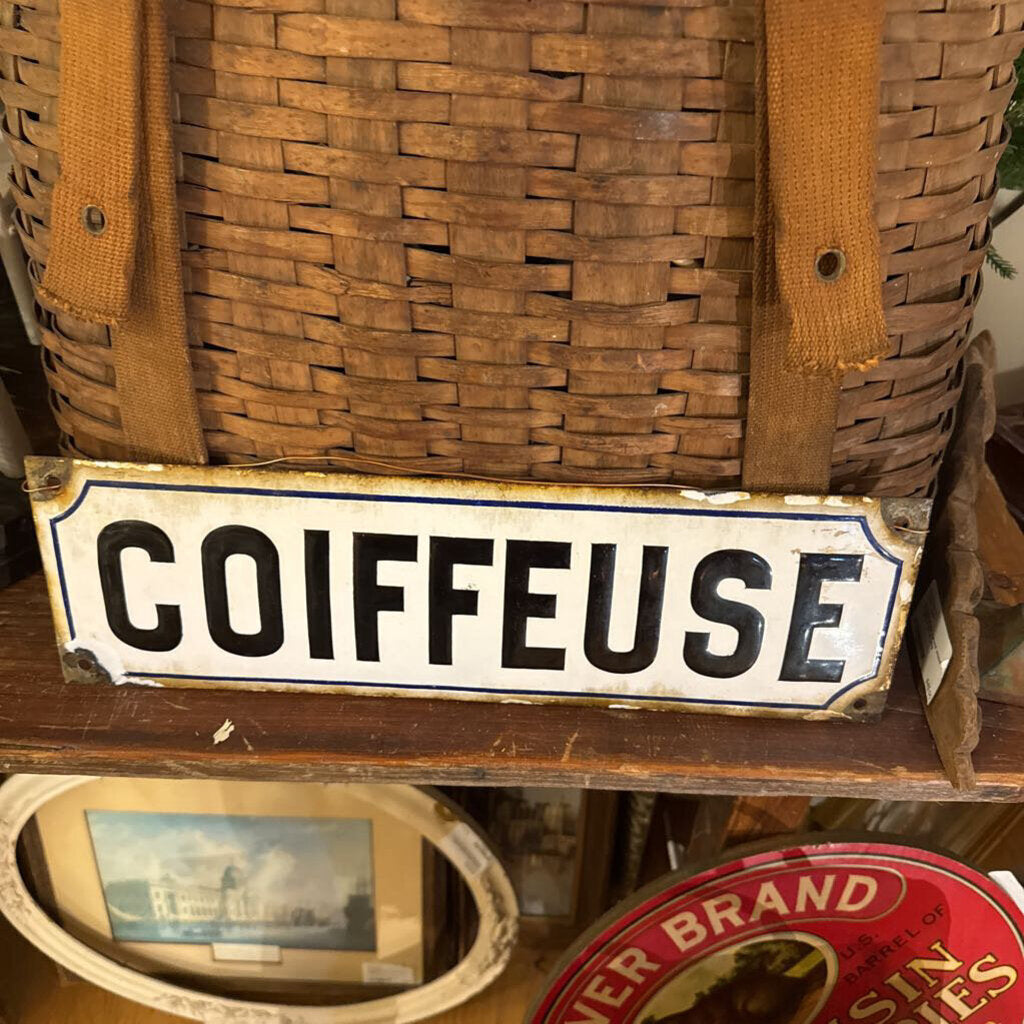 Antique French Enamel Coiffeuse (Hairdresser) sign as is