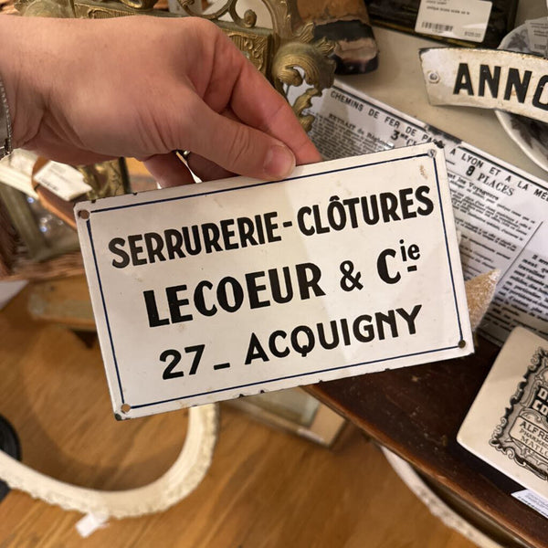 Antique enamel French locksmithing sign with address