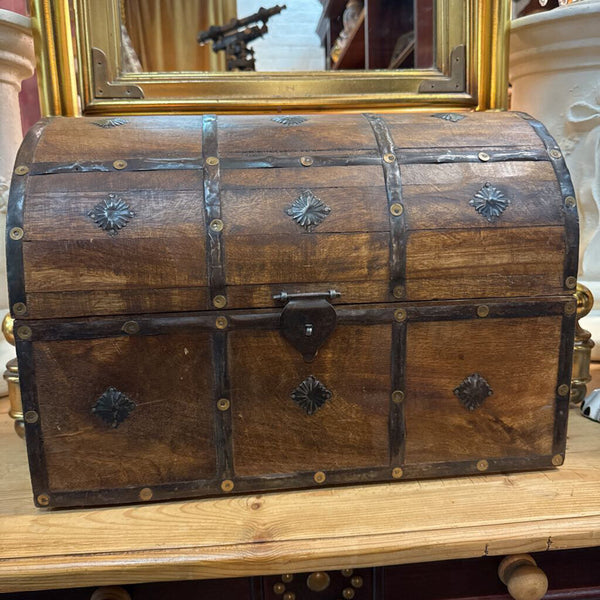 Vintage Wood and metal domed treasure chest box