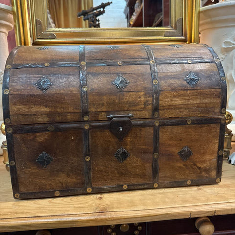 Vintage Wood and metal domed treasure chest box