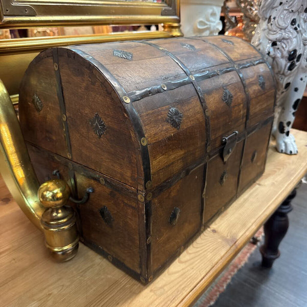 Vintage Wood and metal domed treasure chest box