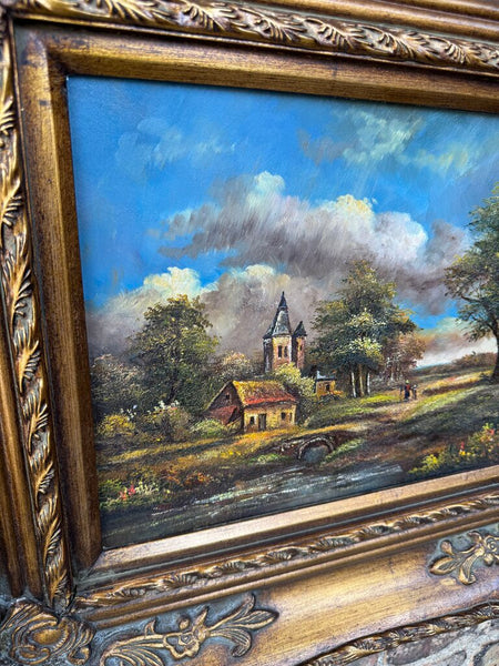 Vintage oil on board landscape in wood/plaster frame