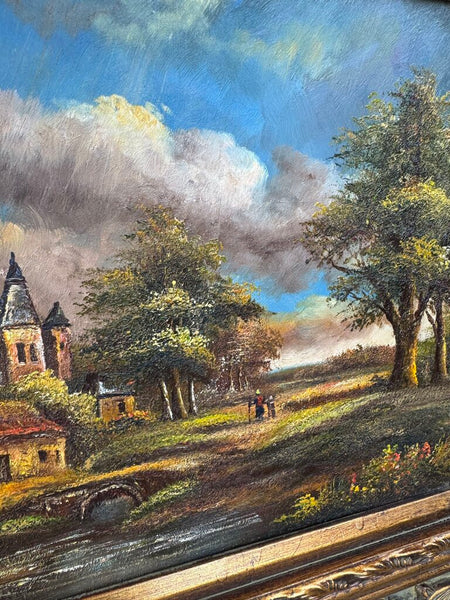 Vintage oil on board landscape in wood/plaster frame