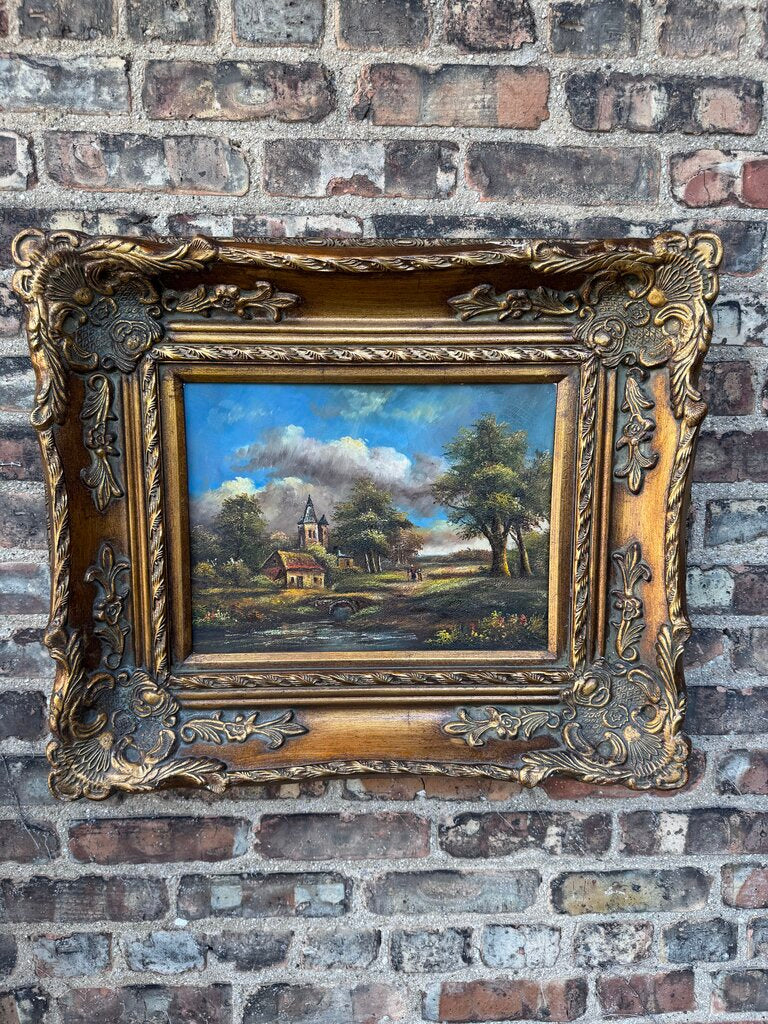 Vintage oil on board landscape in wood/plaster frame
