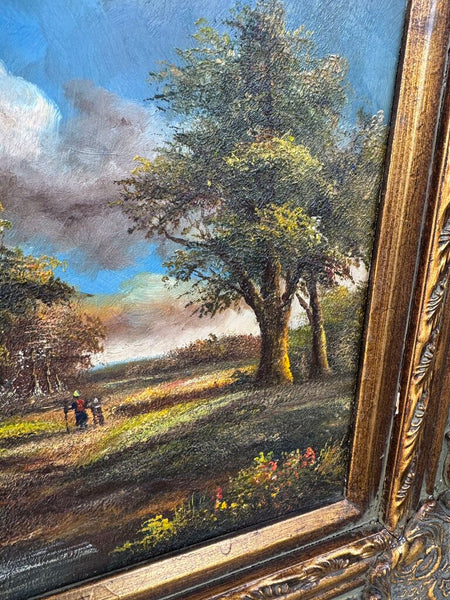 Vintage oil on board landscape in wood/plaster frame