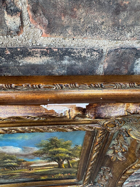Vintage oil on board landscape in wood/plaster frame