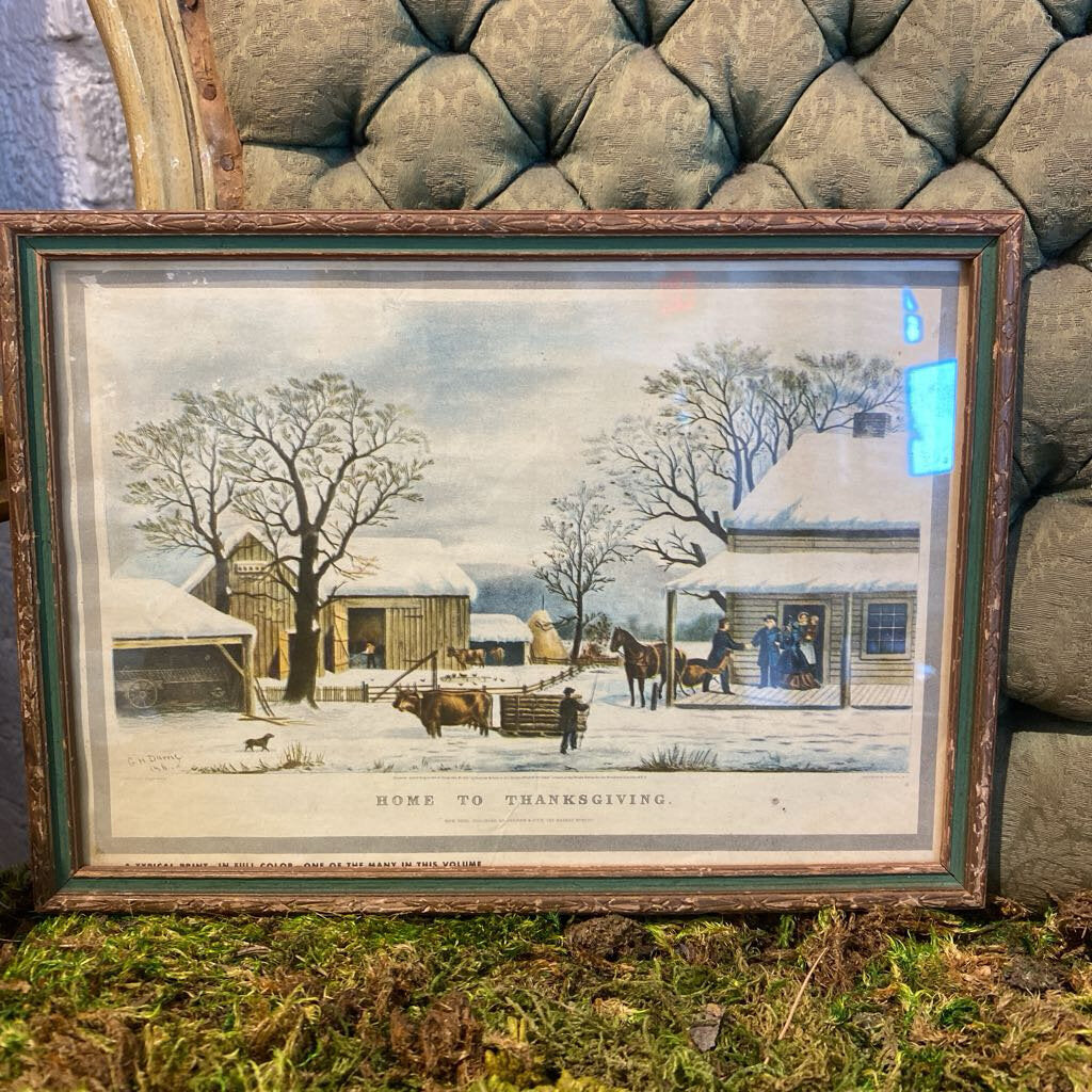 Vintage Currier and Ives "Home To Thanksgiving" Framed Art 10.5 x 7.5" "