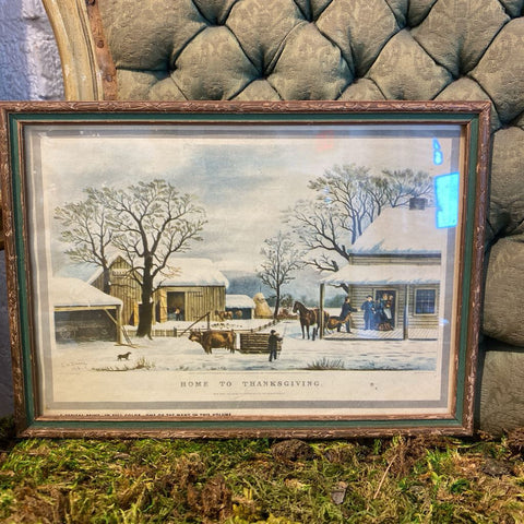Vintage Currier and Ives "Home To Thanksgiving" Framed Art 10.5 x 7.5" "