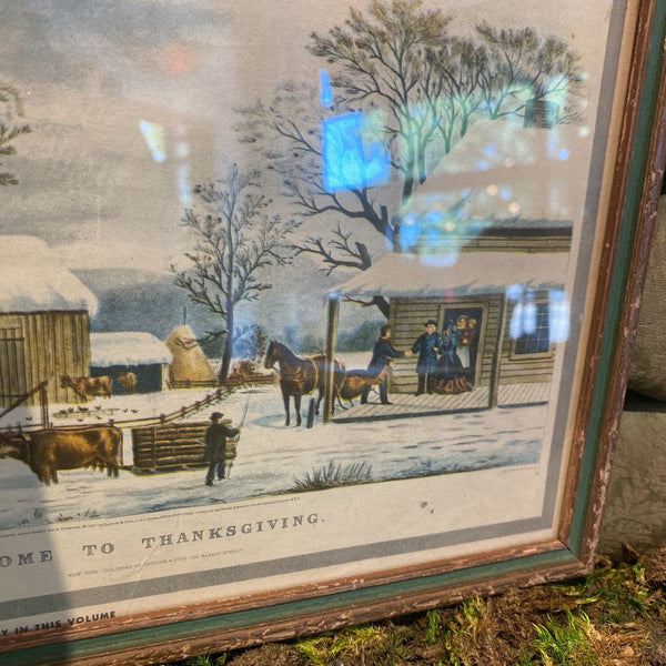 Vintage Currier and Ives "Home To Thanksgiving" Framed Art 10.5 x 7.5" "