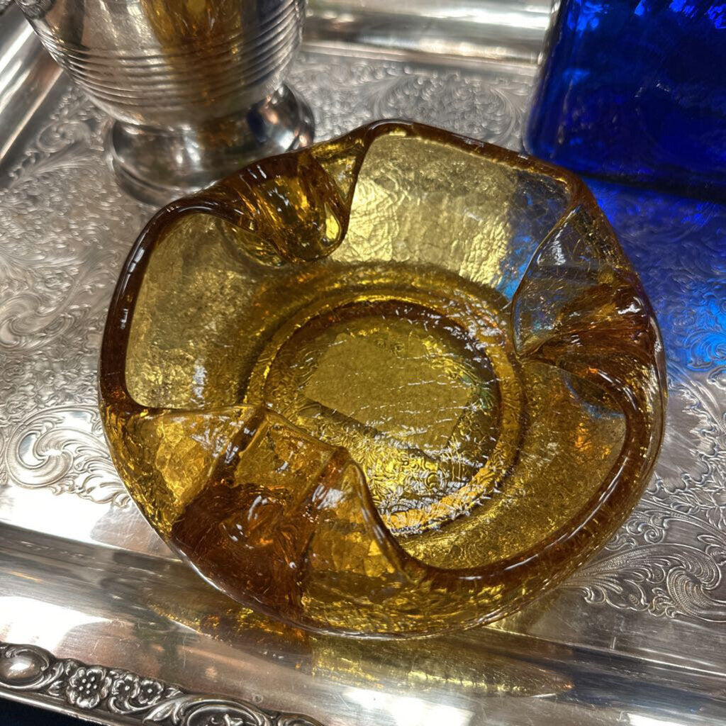 Vint Viking Crackle Glass Amber Ashtray/Trinket Dish