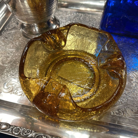 Vint Viking Crackle Glass Amber Ashtray/Trinket Dish