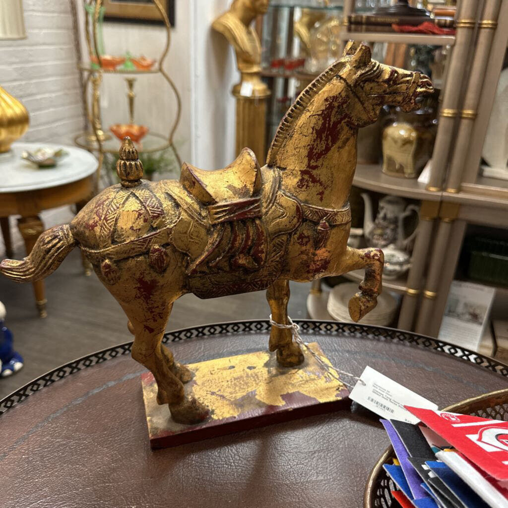 Chinese Tang Hand carved Wood Gilded Gold Horse Statue 13"