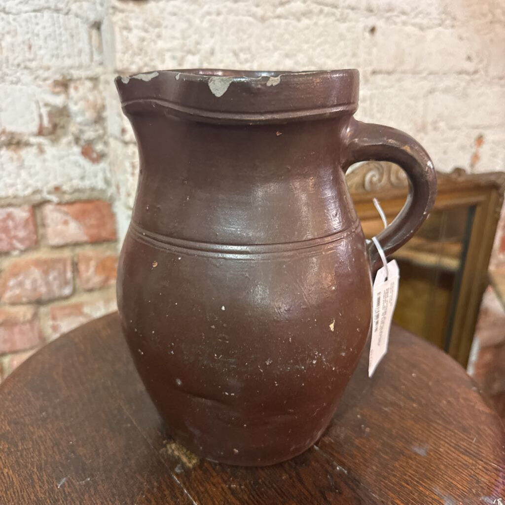 Cool Vintage Brown Pottery Pitcher w/lots of chips and character 13 inches