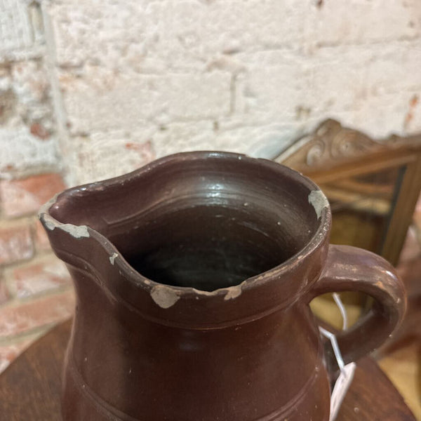 Cool Vintage Brown Pottery Pitcher w/lots of chips and character 13 inches