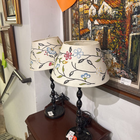 pair of black lamps with embroidered shades as is
