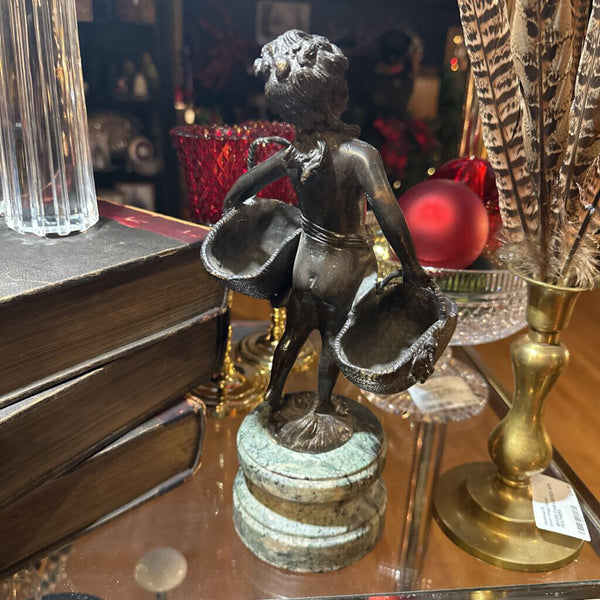 BRONZE ART SCULPTURE GIRL WITH BASKETS, ON MARBLE BASE 11 1/4" x 5 1/2"