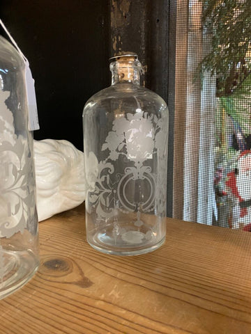 Vintage Etched Glass Bottle~ 3" w x 7" t