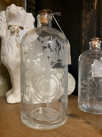 Vintage Etched Glass Bottle~ 3.75" w x 9" t