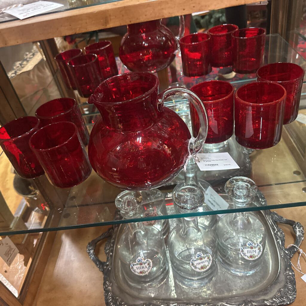 Hand blown Ruby Red Pitcher and (6) glasses