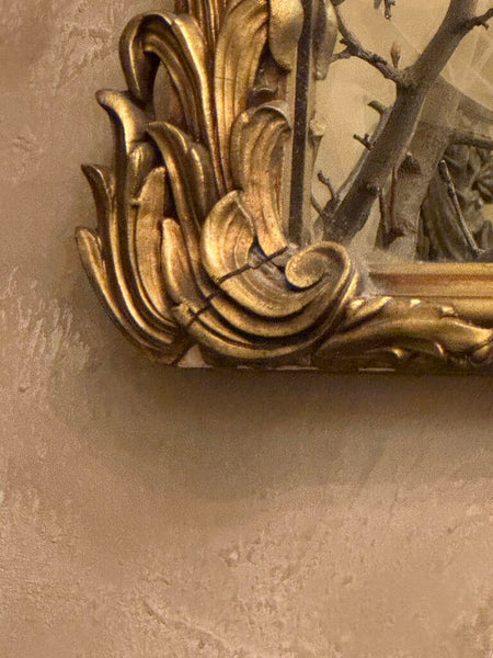 0317 Antique wood gilt wall mirror with fleur de lis top