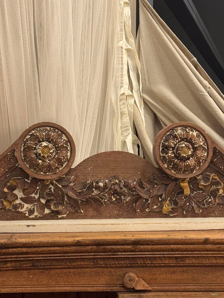 0394 Rustic large wood carved salvage pediment