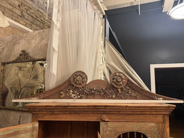 0394 Rustic large wood carved salvage pediment