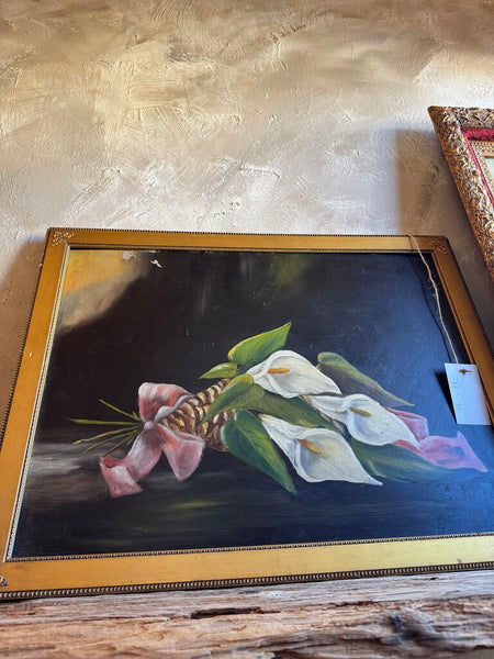 0089 Antique Oil On Academy Board Lily Painting