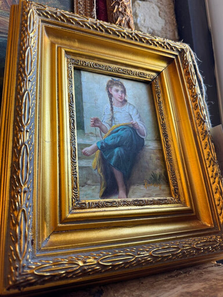 0125 Vintage Oil on Board Painting of Young Girl