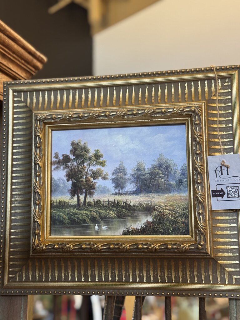 0123 Vintage swan landscape oil on board painting