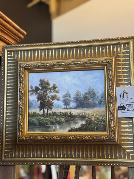 0123 Vintage swan landscape oil on board painting