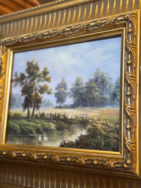 0123 Vintage swan landscape oil on board painting