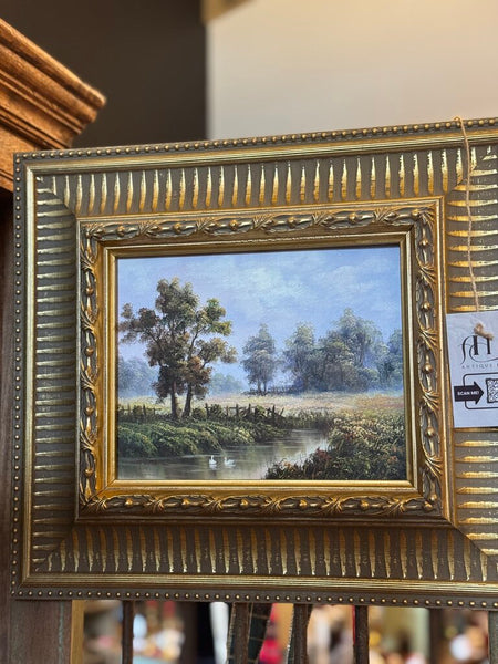 0123 Vintage swan landscape oil on board painting