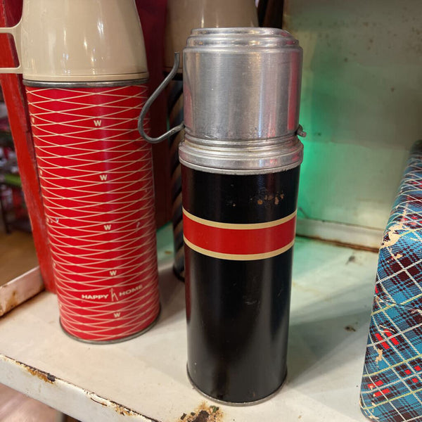 JFV- Vintage small black thermos with red stripe