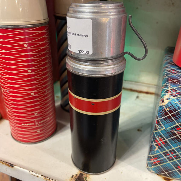 JFV- Vintage small black thermos with red stripe