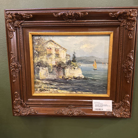 VINTAGE HARBOR SCAPE (RABOUS) OIL ON CANVAS. 15 x 13 1/2" (SWOON)