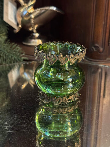 0386 French Emerald Glass & Bronze Bud Vase
