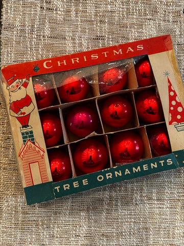 Vintage Red Glass Ball CHRISTMAS TREE ORNAMENTS in Original Box