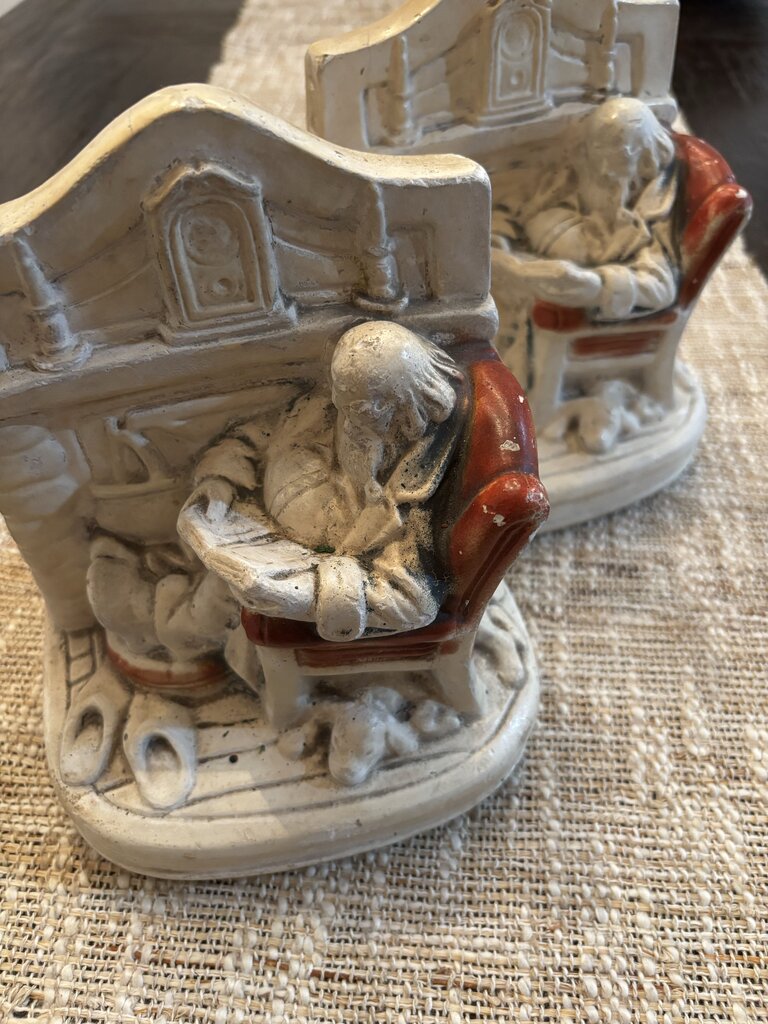 Vintage Chalkware Bookends Santa Claus w/ Dog c1940s