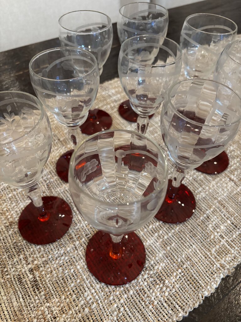 Set of 9 VTG Hand Blown Crystal Wine/Cordial Glasses Ruby Red Foot