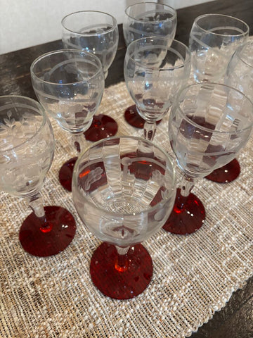 Set of 9 VTG Hand Blown Crystal Wine/Cordial Glasses Ruby Red Foot