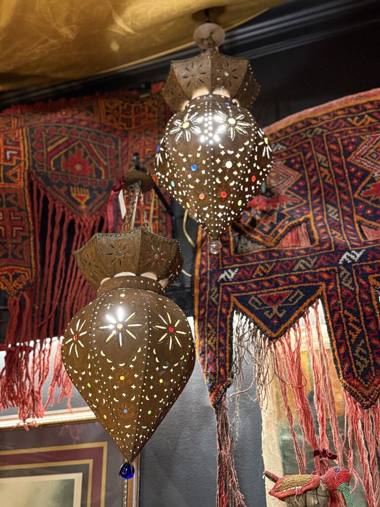 Pair of colored glass Morrocan hanging lanterns