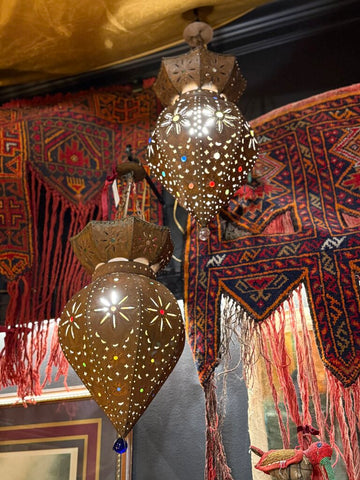 Pair of colored glass Morrocan hanging lanterns