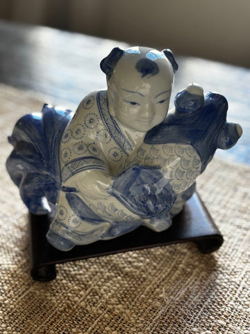 Vintage Blue Asian Man & Koi Fish Ceramic Porcelain Statue on Wood Base