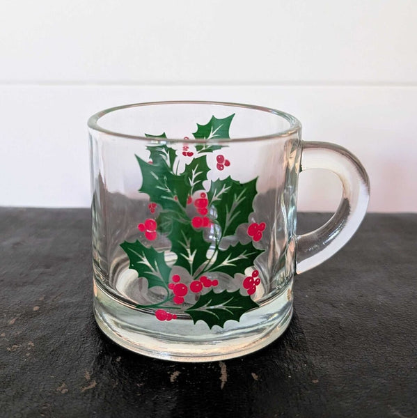 Vintage Indiana Glass Holly Coffee Mugs - set/6