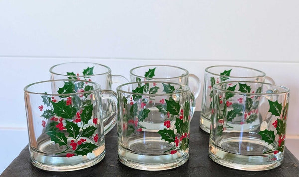 Vintage Indiana Glass Holly Coffee Mugs - set/6