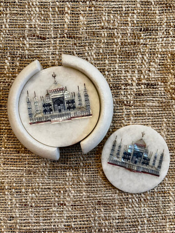 White Marble Coaster Set - Taj Mahal Inlay | 6 PCS with Holder