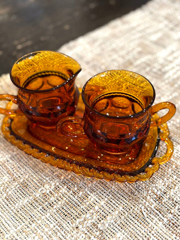 Vintage Kings Crown Indiana Glass Thumb Print Amber Creamer/Sugar Bowl Set